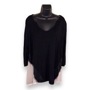 1x BLACK WHITE TOP WOMENS BLOUSE VNECK LACE ACCENT WHITE SHEER ACCENT